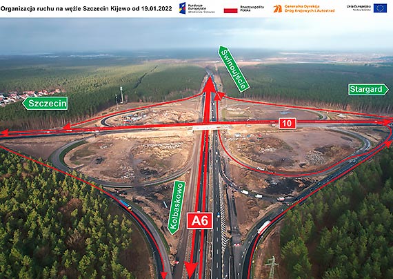 Na węźle Szczecin Kijewo jedziemy jedną jezdnią autostrady A6